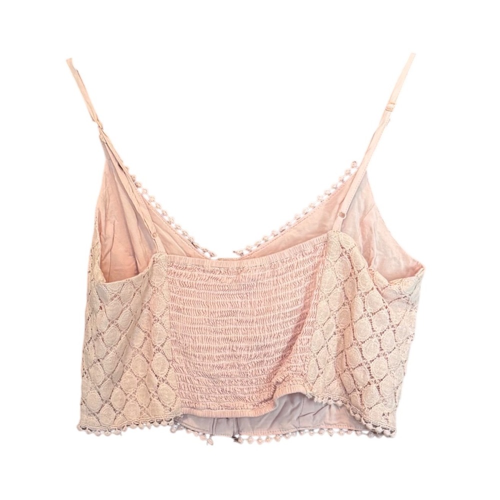 Pink Crochet Lace Smocked Button Up Crop Top Boho Festival L Coquette Fairy Fem - Picture 10 of 11